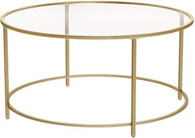 Coffee table, side table round, glass table with metal frame, tempered glass, bedside table, sofa table, for balcony, golden