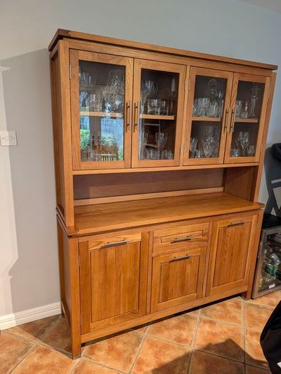 Complete Solid Oak Dining & Living Room Set Table & 6 Chairs, Dresser & Bookcase