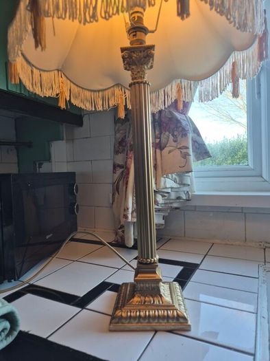 Tall lamp Vintage Gold metal Neoclassical  column lamp with silk called fringed tassled shade