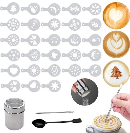 Coffee Stencils, Coffee Accessories Set 31PCS, Chocolate Shaker Duster, Cappuccino Coffee Barista Latte Hot Chocolate Cocoa Cake Design Decoration Duster Coffee Art Coffee Toppers (FREE POSTAGE)