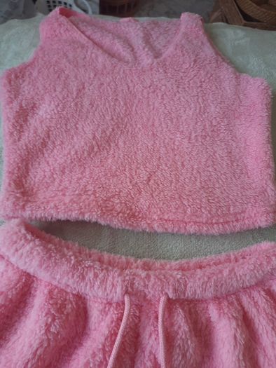 pink fluffy top and shorts