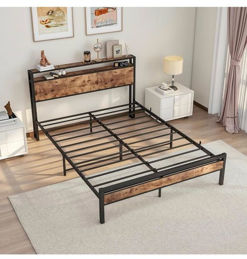 King Size Bed Frame with Storage Wooden Headboard,Bed
