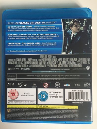 Inception (Christopher Nolan Film) [2010] Leonardo Dicaprio, Ken Watanabe, Joseph Gordon-Levitt, Marion Cotillard, Elliot Page, Tom Hardy, Cillian Murphy, Tom Berenger, Dileep Rao & Michael Caine [2xBlu-Ray Movie] Academy Award Winner