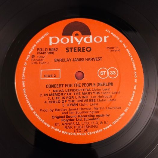 Barklay James Harvest - concert for the people Berlin - Irish pressing