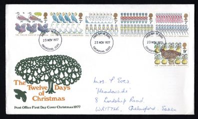 1977 Great Britain The Twelve Days of Christmas Commemorative Stamps Addressed First Day Cover (FDC).