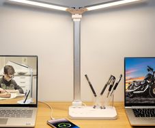 Dual Swing Arm LED Desk Lamps, 5 Light Modes x 10 Brightness Levels Desk Light with USB Charging Port, 45 Minutes Auto Timer Table Lamp, Desk Lamp for Home Office, Bedroom, Reading