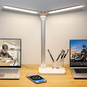 Dual Swing Arm LED Desk Lamps, 5 Light Modes x 10 Brightness Levels Desk Light with USB Charging Port, 45 Minutes Auto Timer Table Lamp, Desk Lamp for Home Office, Bedroom, Reading