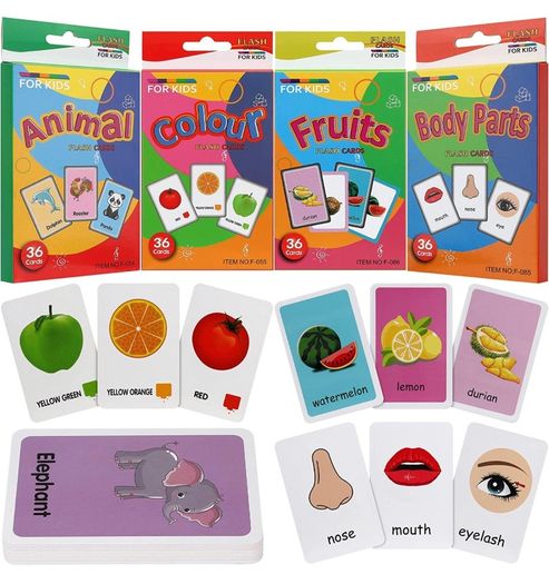 Kids Flash Cards Set Flash Cards for Children Early Learning Flash Cards Flash Cards for Toddlers Age 2-4 Baby Cards for Toddlers 1 2 3 4 years 4 Pack-144pcs Animals Fruits Body Parts & Colors