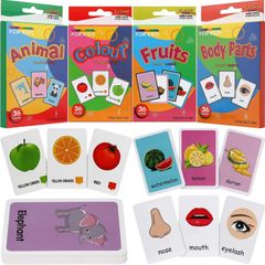 Kids Flash Cards Set Flash Cards for Children Early Learning Flash Cards Flash Cards for Toddlers Age 2-4 Baby Cards for Toddlers 1 2 3 4 years 4 Pack-144pcs Animals Fruits Body Parts & Colors