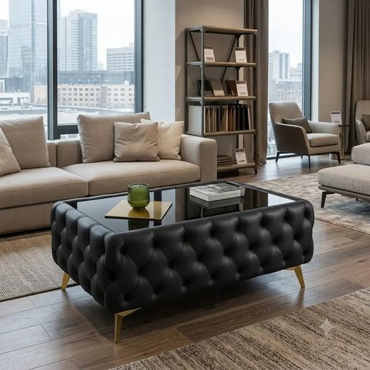 Chesterfield Coffee Table Velvet Rectangle 83x63x45cm with Glass
