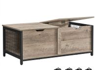main image for ad Coffee Table with Folding Table Top Hidden Storage Mesh Shelf Metal Frame for Living Room Industrial Design 100 x 55 x 45 cm Greige-Black