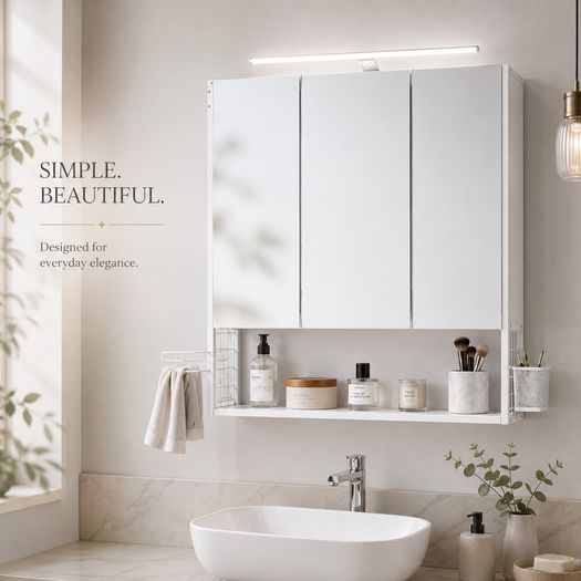 LED Mirrored Bathroom Cabinet White with Storage, Basket & Hair Dryer Holder