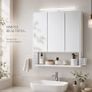 LED Mirrored Bathroom Cabinet White with Storage, Basket & Hair Dryer Holder Image 2
