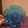 Vintage Turquoise Davison "Jacobean" pressed Glass Shallow 3 Footed Bowl Image 2