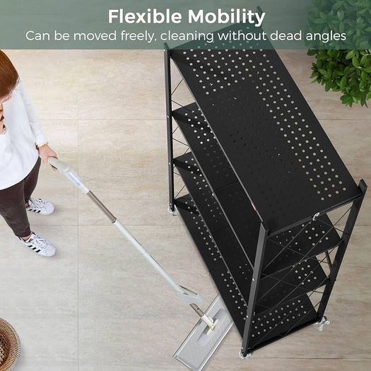 Folding Storage Shelves,4 Tiers Metal Shelving Units for Storage 61x116x28 CM, Corner Kitchen Shelves on Wheels,Pantry Shelves,Bookcase for Living room Black