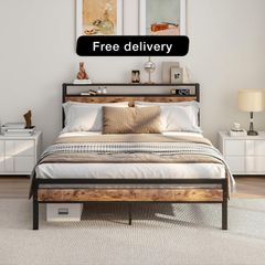 King Size Bed Frame with Storage Wooden Headboard
