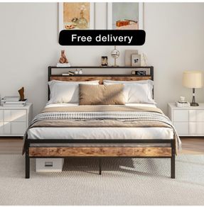King Size Bed Frame with Storage Wooden Headboard