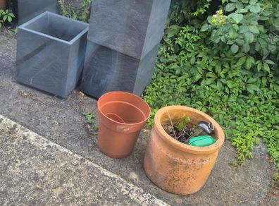 plant pots and two bird feeders