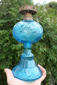 Vintage Blue Table Oil Lamp 10"