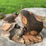Adorable signed rustic tableau of hedgehog & sparrow having a chat, with hidey holes for tiny field mice. Hand carved, a special Christmas gift Image 7