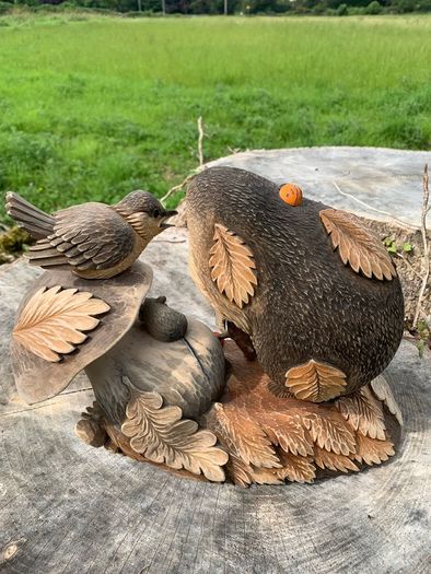 Adorable signed rustic tableau of hedgehog & sparrow having a chat, with hidey holes for tiny field mice. Hand carved, a special Christmas gift