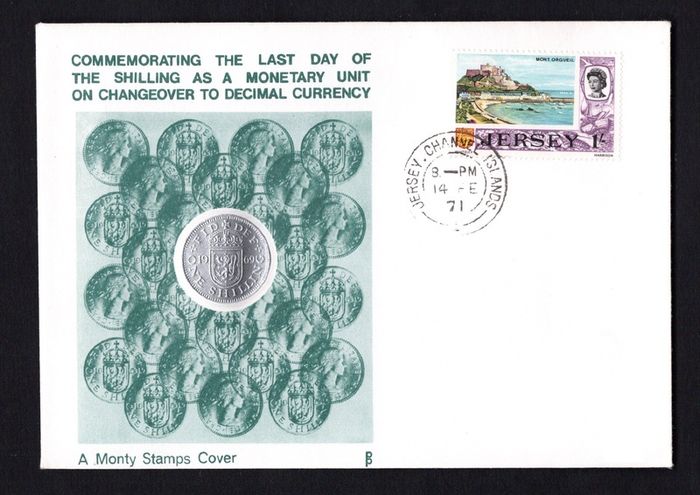 1971 Jersey Illustrated Cover Commemorating the Last Day of The Shilling as a Monetary Unite on Changeover to Decimal Currency of 14th February 1971 tying 1s definitive stamp