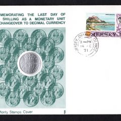 1971 Jersey Illustrated Cover Commemorating the Last Day of The Shilling as a Monetary Unite on Changeover to Decimal Currency of 14th February 1971 tying 1s definitive stamp