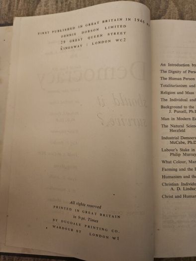 Democracy Should It Survive. Published By Dennis Dobson Ltd London. 1946 Hardback In Good Condition. See Photos For Same.