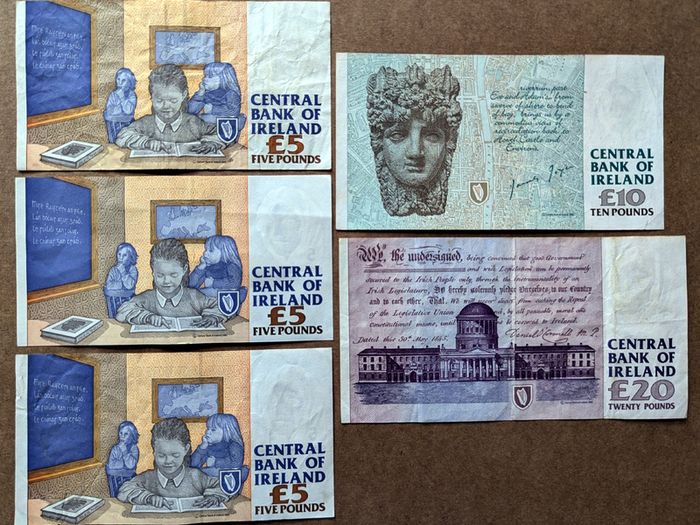 IRELAND - Set of 5 Banknotes: 5 10 20 Pounds Punt 1994-1999 P 75 76 77 (VF-AU)