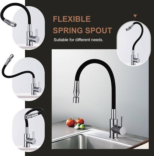 NEW SALE | Kitchen Sink Mixer Tap Bendable Silicon Hose 1 Hole Single Lever Faucet Mixers Taps with Flexible Hose Pull Down Dual Spray Mode 360 Swivel Matte Black Chrome