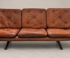 Vintage Mid-Century Modern Leather Sofa & Matching Swivel Armchair