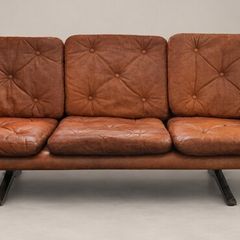 Vintage Mid-Century Modern Leather Sofa & Matching Swivel Armchair