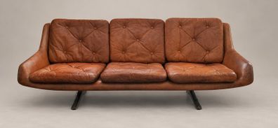 Vintage Mid-Century Modern Leather Sofa & Matching Swivel Armchair