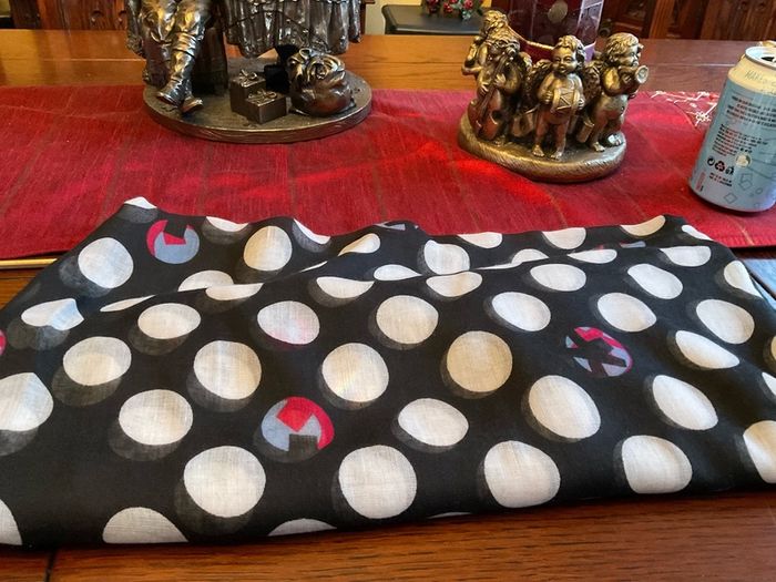 Samoon. FURTHER REDUCED.   Scarf In Black With White Polka Dots And A Littlle  Blue and Pink Also , With Decorative Pearls At The End