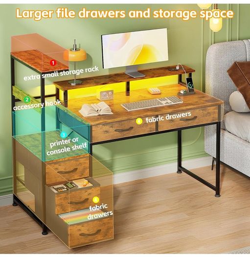 120cm Computer Desk with 5 Fabric Drawers, Reversible Home Office Desk with Printer Cabinet, Writing Desk with Monitor Stand & Power Outlets, Study Table with LED Light, Rustic Brown