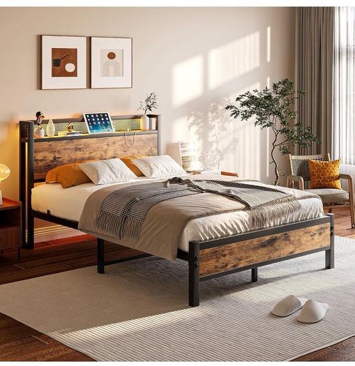 4ft6 Double Bed Frame with LED Lights&Charging Station,Brown Metal Platform Bed with Storage Headboard, Mattress Foundation, Metal Slat Support ,No Box Spring Needed,Under-bed Storage