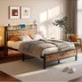 4ft6 Double Bed Frame with LED Lights&Charging Station,Brown Metal Platform Bed with Storage Headboard, Mattress Foundation, Metal Slat Support ,No Box Spring Needed,Under-bed Storage Image 6