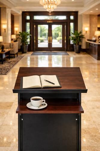 Audio-Visual Direct Wheeled Lectern Podium Standing Desk with Storage Shelf - Cherry/Black Ideal for Presentations and Laptop Use