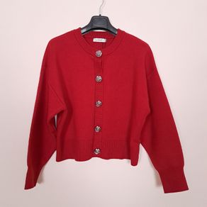 Dunnes Red Knit Button-Up Cardigan Silver Floral Buttons 16UK/44EU