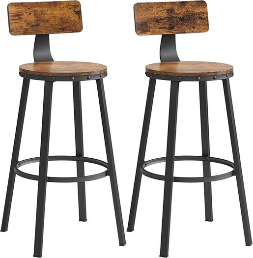 Bar Stools, Kitchen Stools, Set of 2 Tall Bar Chairs with Backrest, Steel Frame, 73 cm High Seat, Easy Assembly, Industrial, Rustic Brown and Black (FREE POSTAGE)