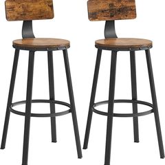 Bar Stools, Kitchen Stools, Set of 2 Tall Bar Chairs with Backrest, Steel Frame, 73 cm High Seat, Easy Assembly, Industrial, Rustic Brown and Black (FREE POSTAGE)