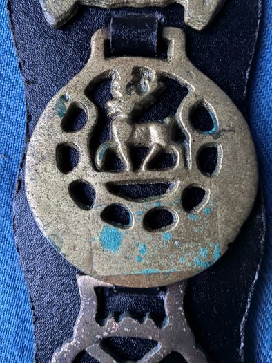 Vintage horse brasses on leather strap
