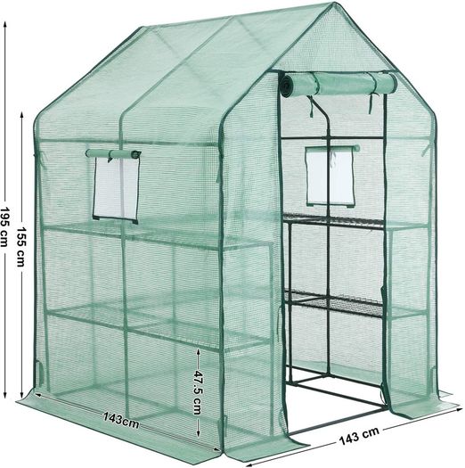 _Walk-In Garden Shed with 10 Shelves Greenhouse with Roll Up Door Tomato House Vegetables Outdoor Garden 143 x 143 x 195 cm