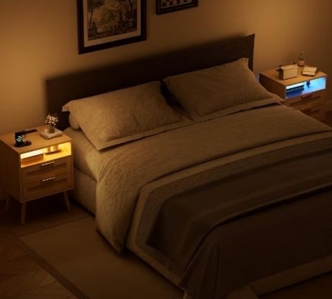 Set of 2 Bedside Table,Nightstand with Charging Station and LED Lights, Bedside Cabinets with 2 Rattan Drawers and Open Shelf,2pcs Side Tables for Modern Home,Natural Wood