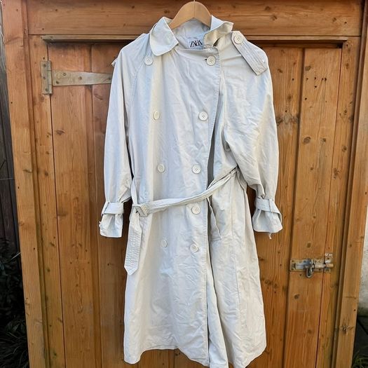 Zara Women's beige neutral long midi maxi Trench Coat belt / Size S oversized