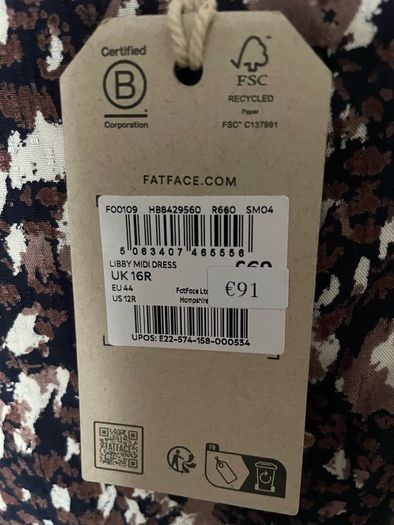 dress FatFace midi v neck 3-4 sleeves  size 16 brown floral pattern black beige BNWT