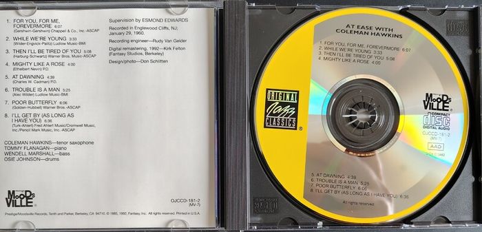 Coleman Hawkins - At Ease With Coleman Hawkins CD (1992) Remastered Reissue Cool Jazz EX+