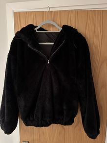 Pretty Little Thing black Faux Fur hooded half-zip Jacket, Size 10