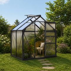 Walk-in greenhouse with sliding door and window with aluminium frame