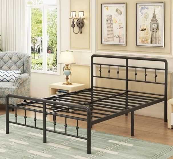King Size Bed Frame with Victorian Headboard and Footboard, Metal Bed Frame with Heavy Duty Steel Slats Support, Ample Storage Space, Noise Free, Easy Assembly, Black